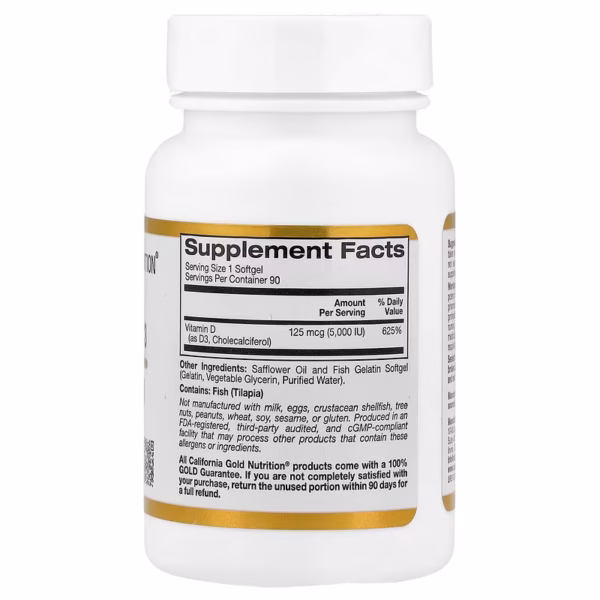 California Gold Nutrition Vitamin D3 125 mcg (5,000 IU) - 90 Fish Gelatin Softgels - Image 2